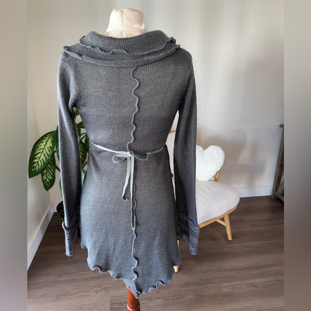 Boston Proper Asymmetrical Crochet Boho Gray Knit Ruffled Belted Cardigan Sz XS - Picture 8 of 16